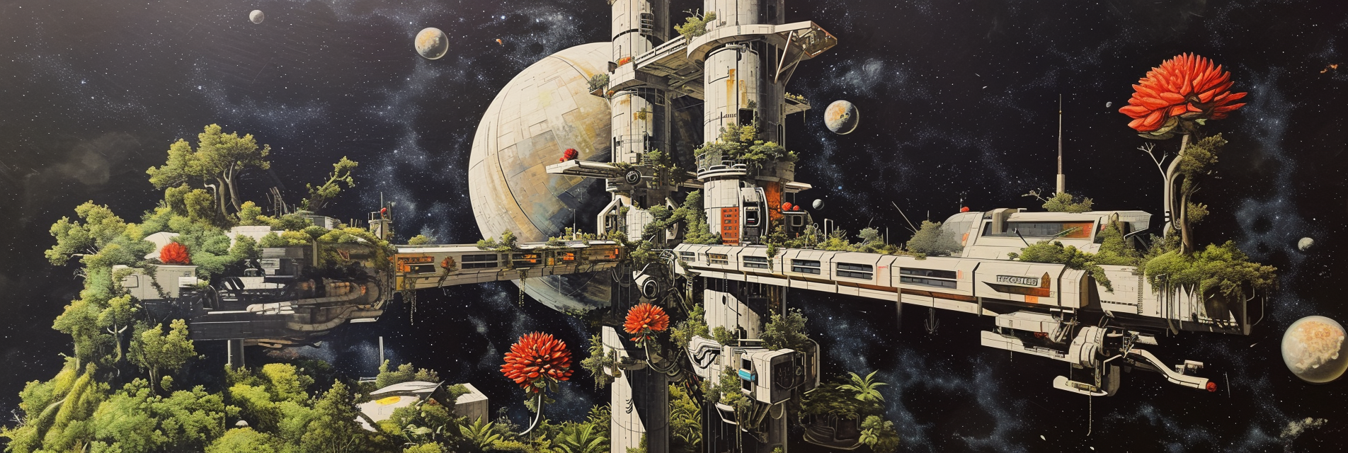 overgrown space station, suprematism art style